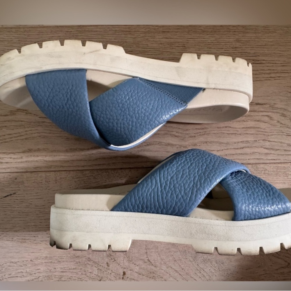 Blue Leather Crossband Platform Sandals - Women
